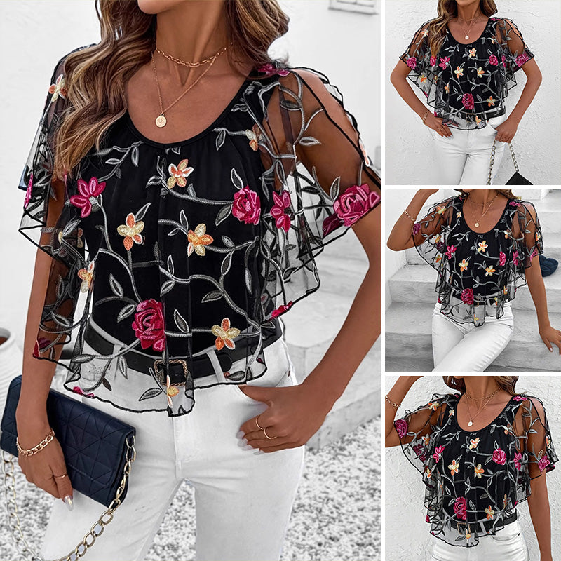 Davina™ – Elegant Printed Mesh and Lace Top