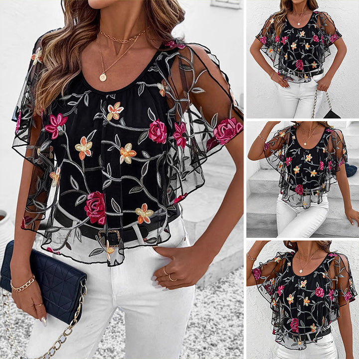 Davina™ – Elegant Printed Mesh and Lace Top