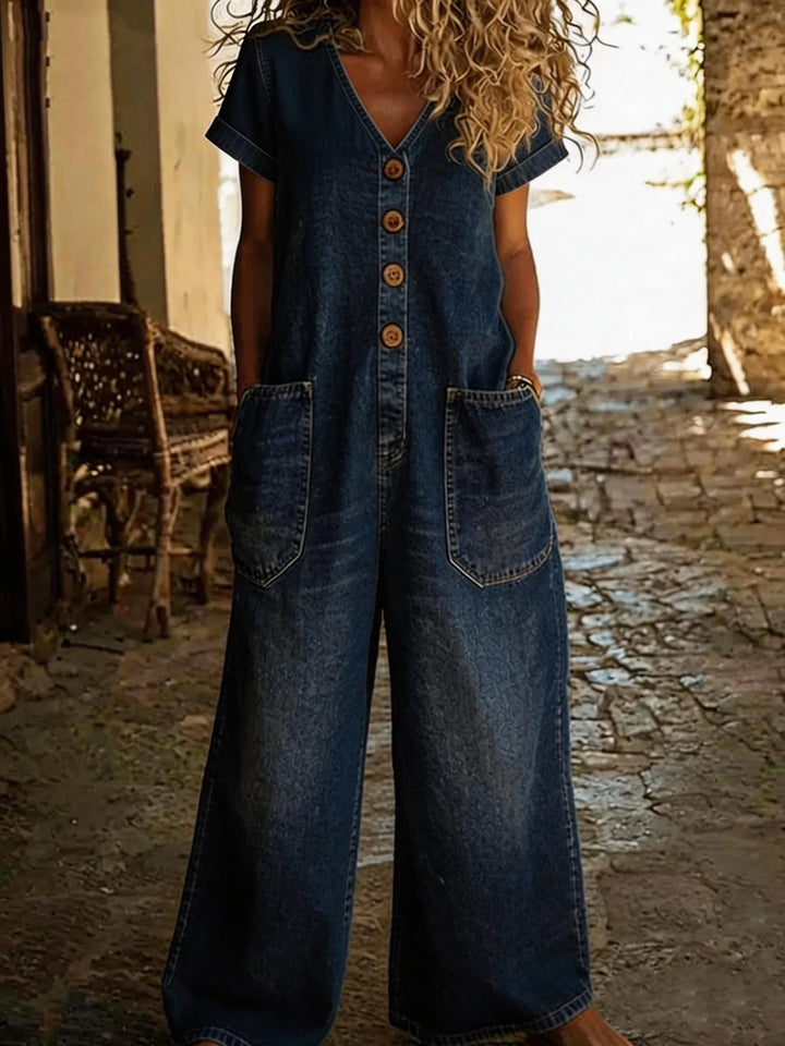 Denise | V-Neck Short Sleeve Denim Jumpsuit