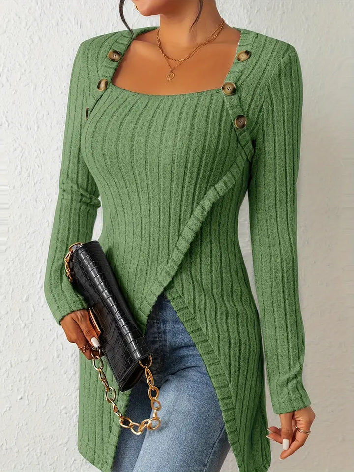 Julia - Asymmetric Buttoned Rib-Knit Top