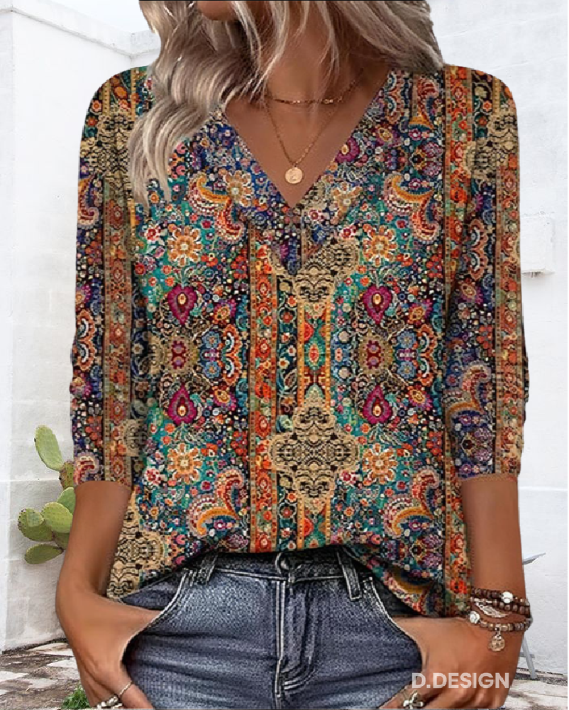 Vintage-Inspired V-Neck Print Blouse