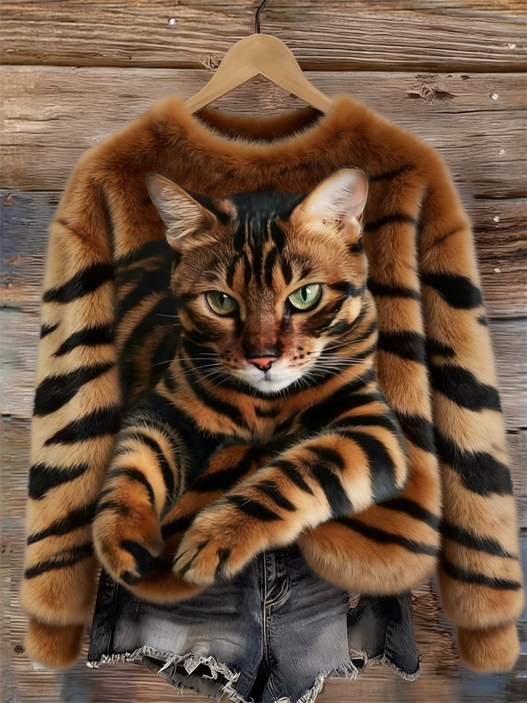 Cozy Plush Sweatshirt with a Tiger and Tabby Kitten Design