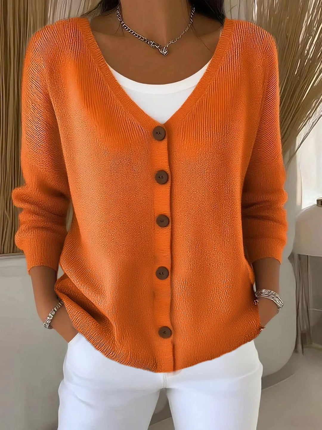 Olivia™ - Long Sleeve V-Neck Button-Up Sweater
