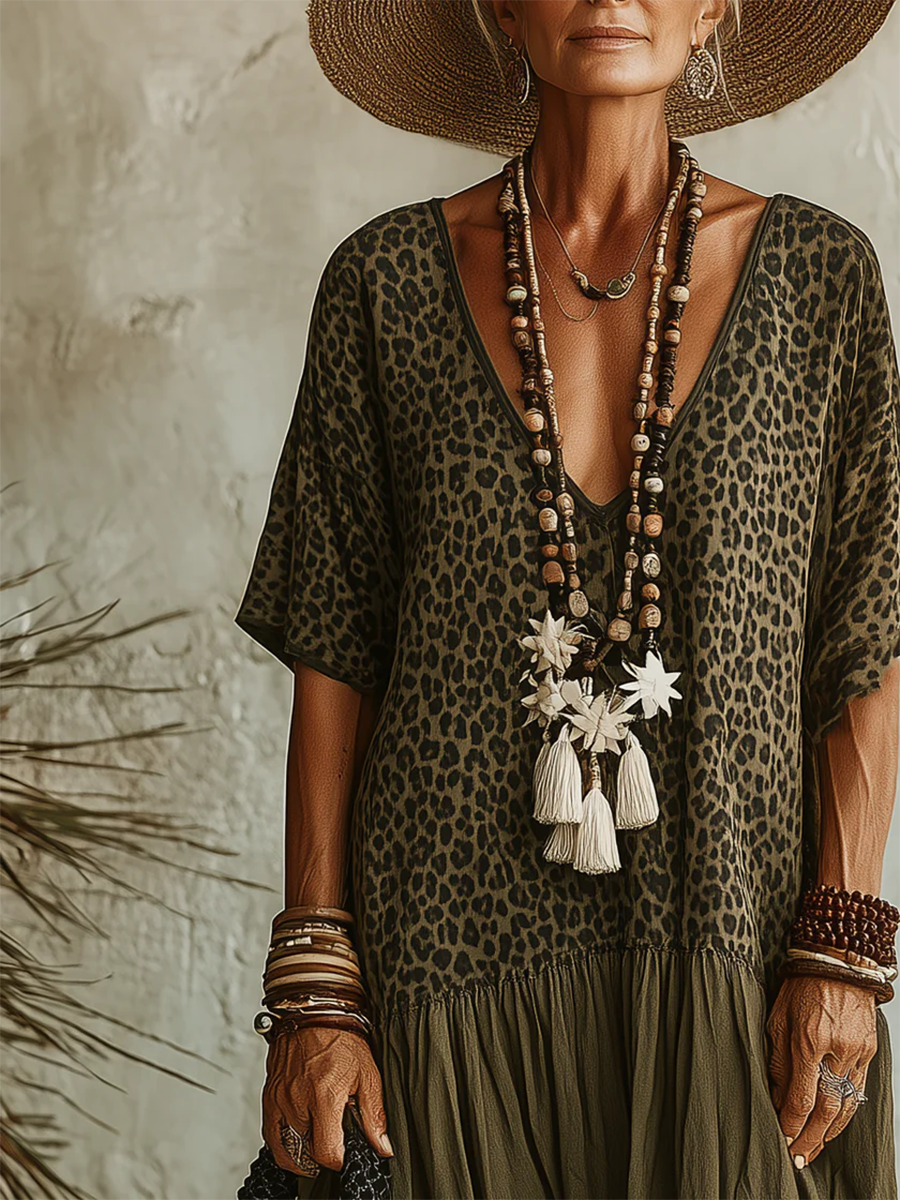 Women's V-Neck Leopard Print Maxi Dress
