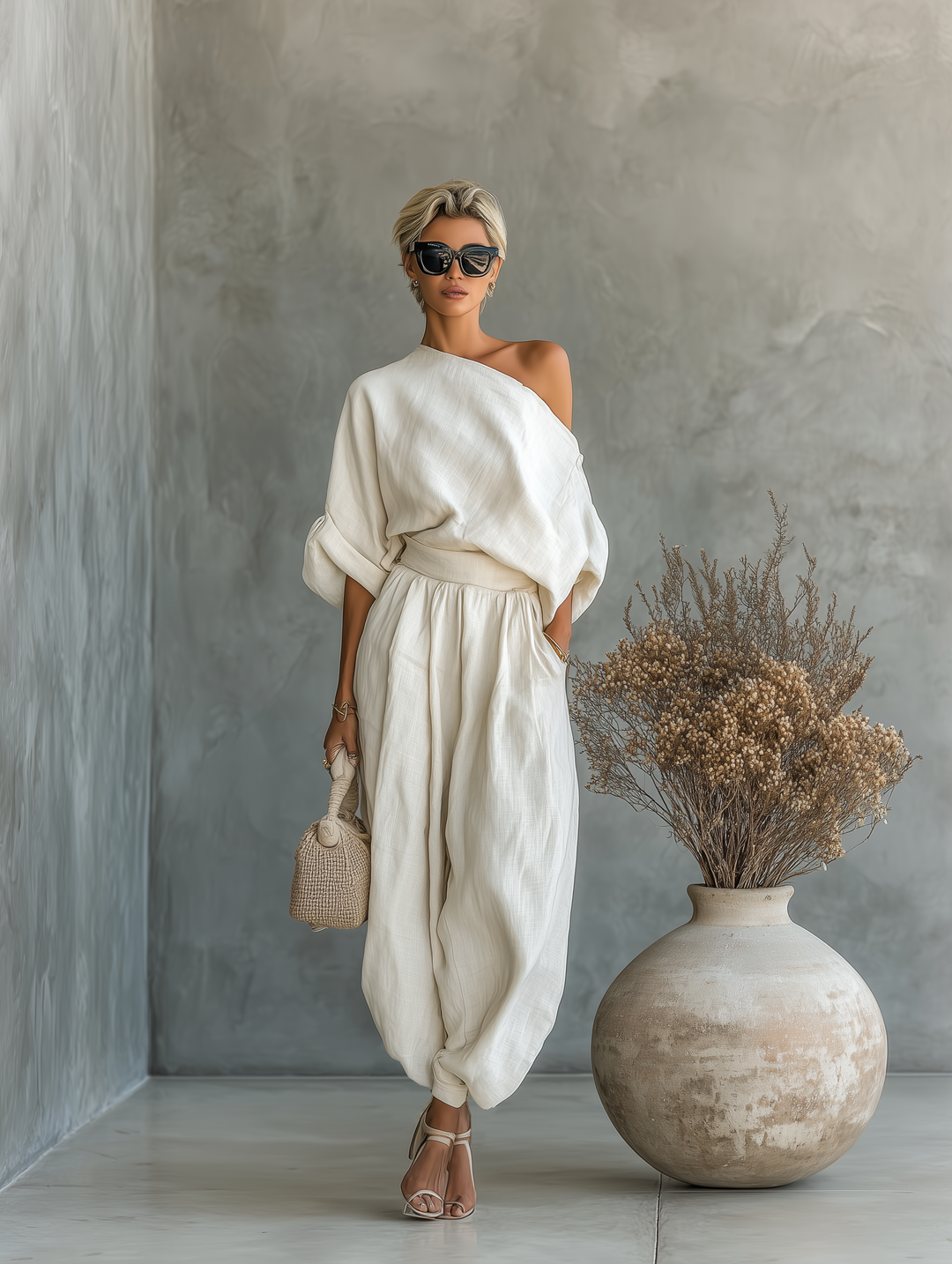 Set of off-the-shoulder, loose-fit women's blouse and slim-fit trousers