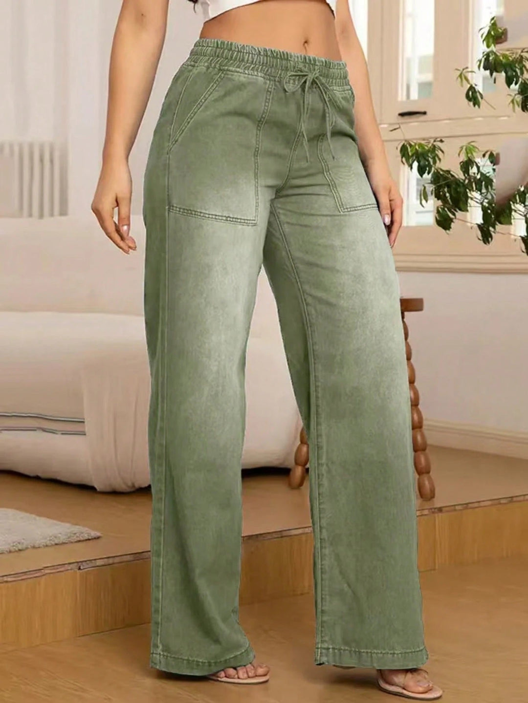 Adjustable Drawstring Waist Wide Leg Jeans for Women