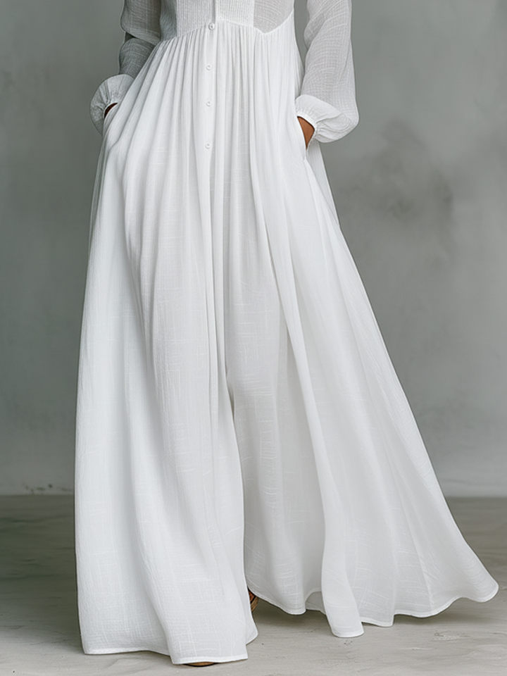 Elisa | Cotton and Linen Patchwork Maxi Dress with High Collar and Long Sleeves - Minimalist Style