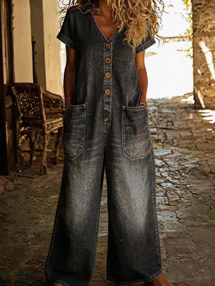 Denise | V-Neck Short Sleeve Denim Jumpsuit