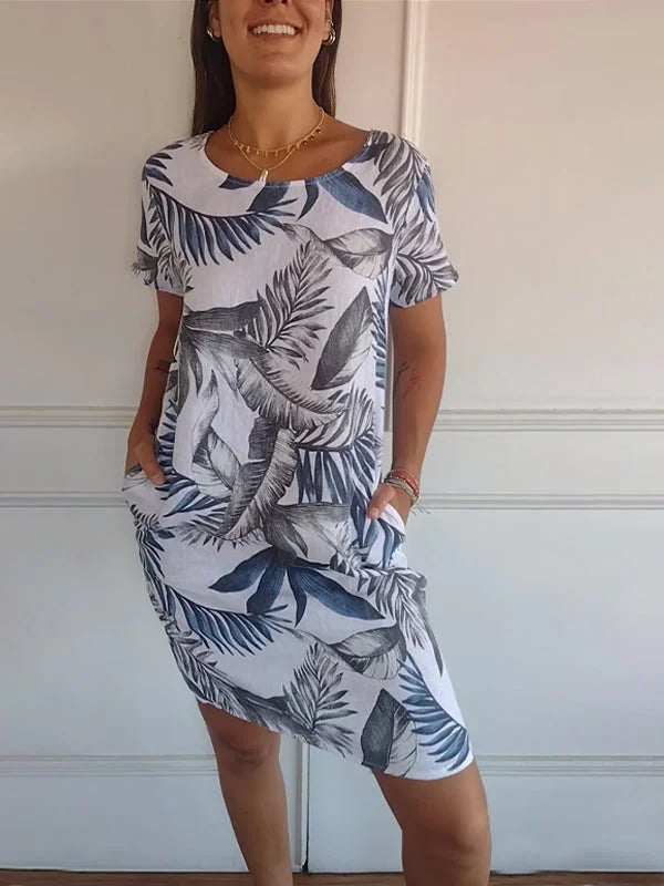 Women's Cotton Linen Printed Summer Dress with Pockets