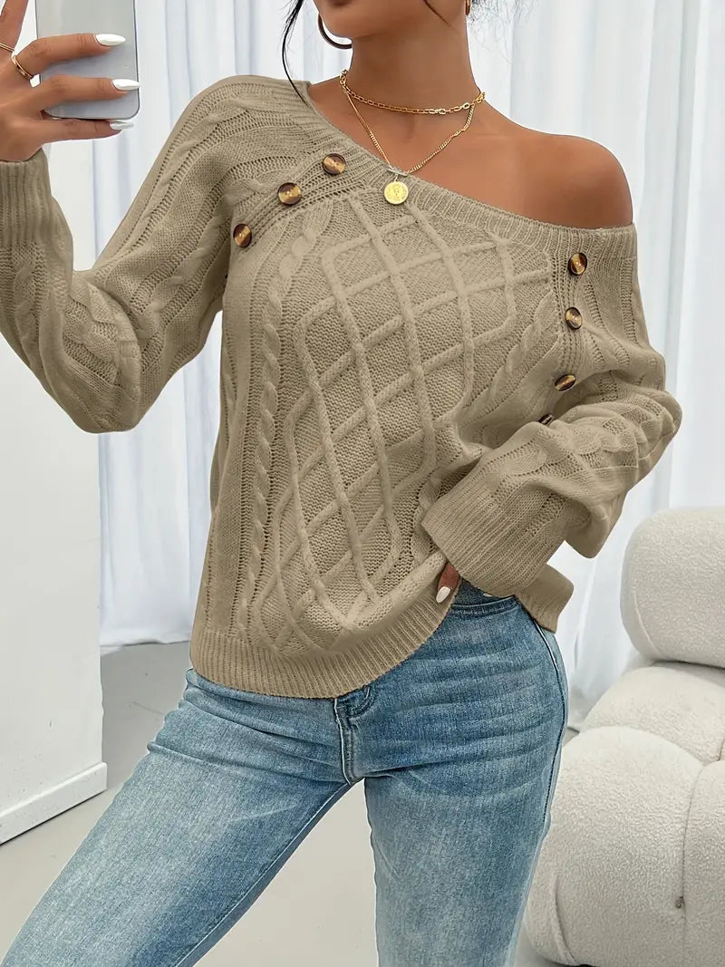 Lina - Cable Knit Long Sleeve Sweater, Casual Round Neck Pullover