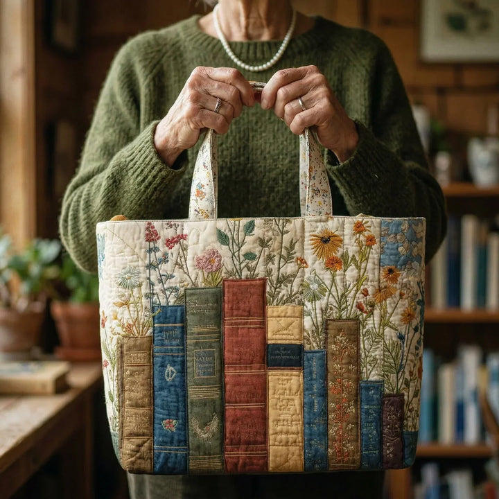 Handcrafted Matelassé Bag - Books and Flowers
