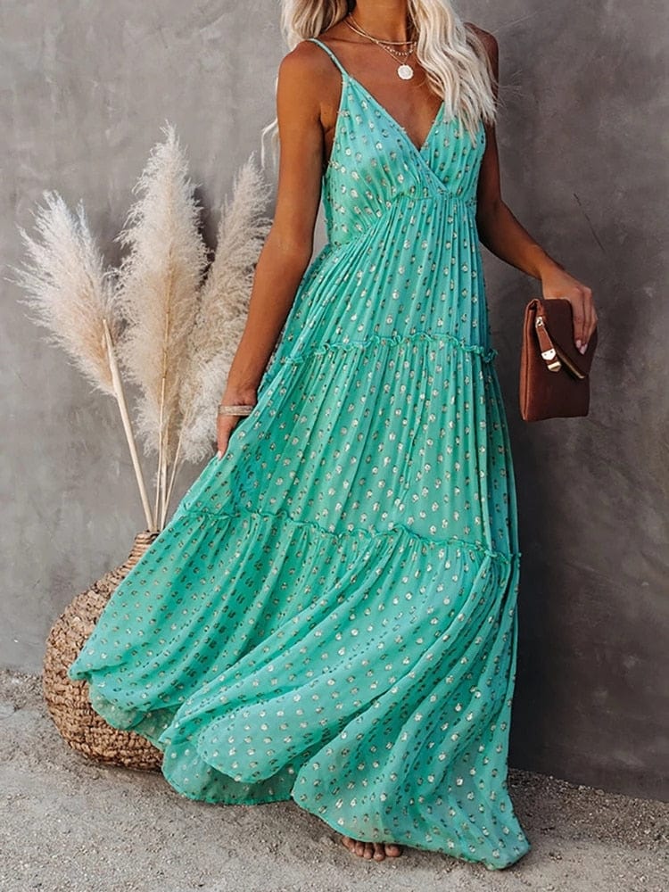 Evi™ Green Maxi Dress With V-Neck And Summery Ibiza Pattern