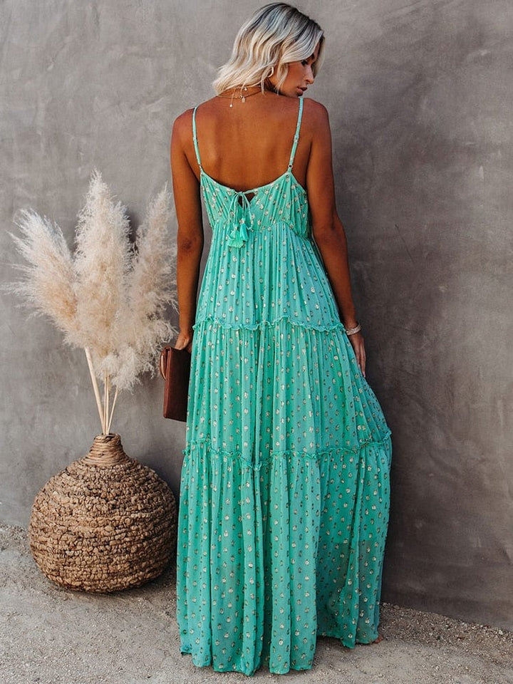 Evi™ Green Maxi Dress With V-Neck And Summery Ibiza Pattern