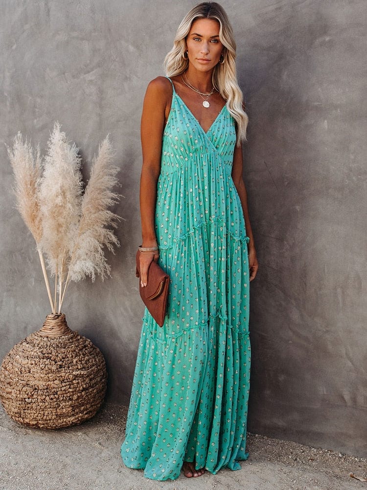 Evi™ Green Maxi Dress With V-Neck And Summery Ibiza Pattern