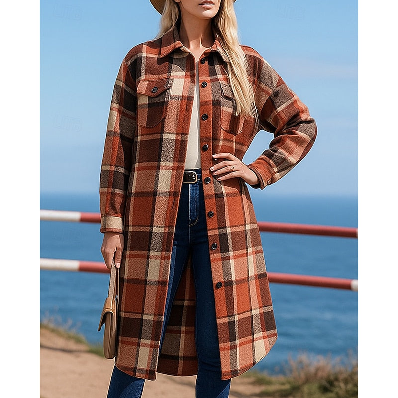 Women's longline coat with a plaid pattern, buttons, and pockets