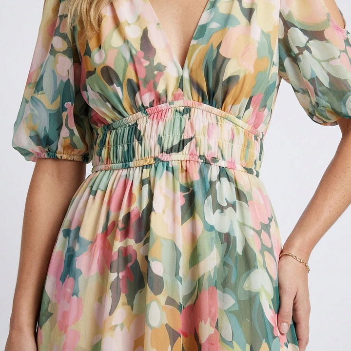 Eulalie | V-Neck Short Sleeve Ruched Waist Midi Dress
