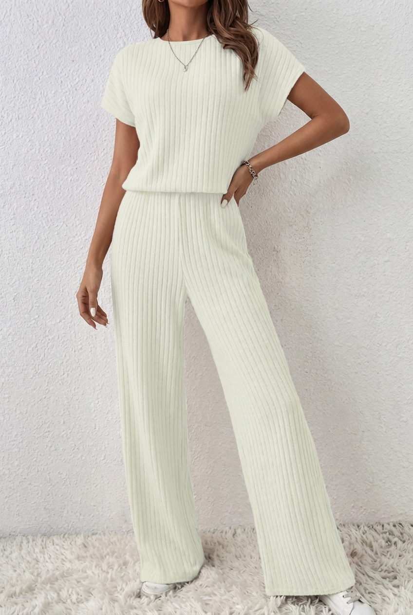 ElevenOra Stylish Cream White Zipper Stand Collar Oversized Short Sleeve Sweater & Wide Leg Pants - Ribbed Knit Two-Piece Set