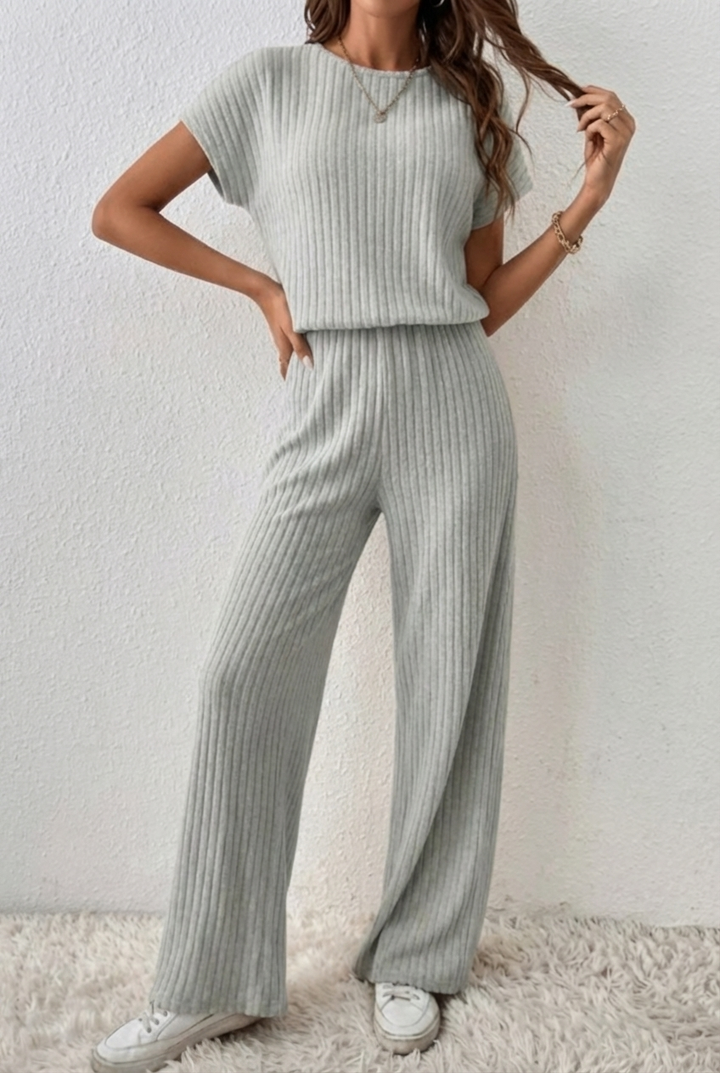 ElevenOra Stylish Cream White Zipper Stand Collar Oversized Short Sleeve Sweater & Wide Leg Pants - Ribbed Knit Two-Piece Set