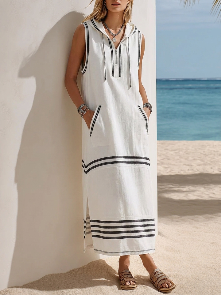 Striped Sleeveless Hooded Maxi Dress - Ideal for Sailing Trips