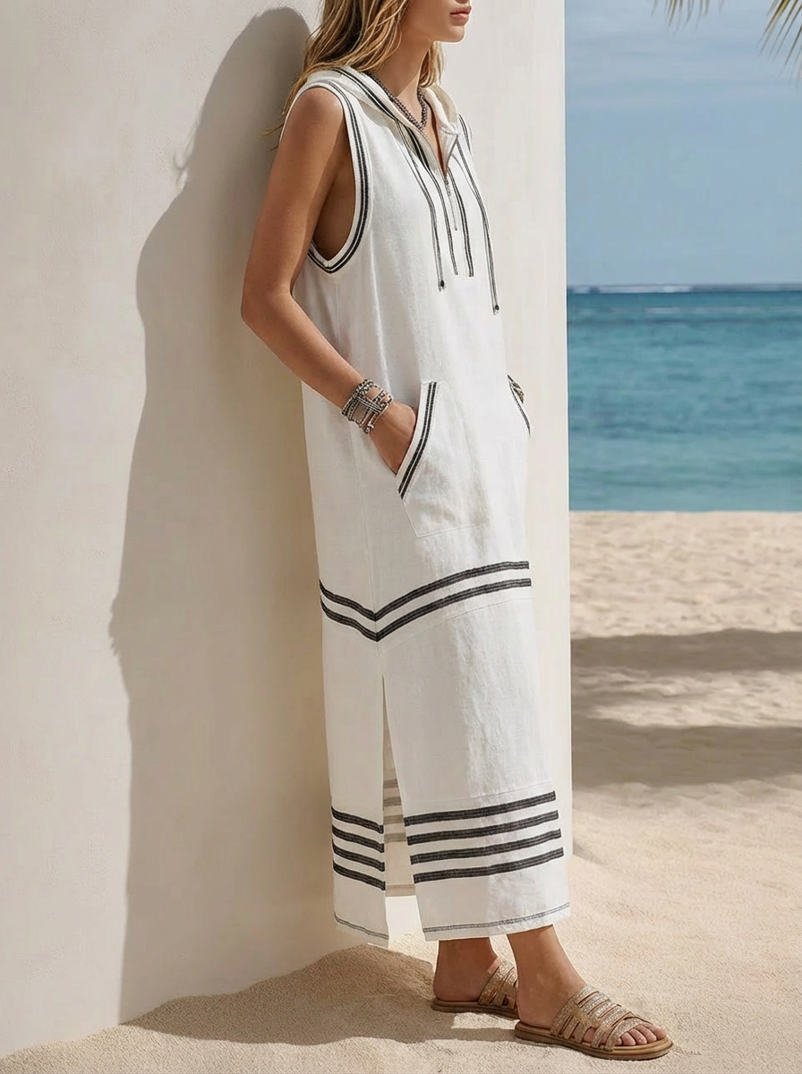 Striped Sleeveless Hooded Maxi Dress - Ideal for Sailing Trips