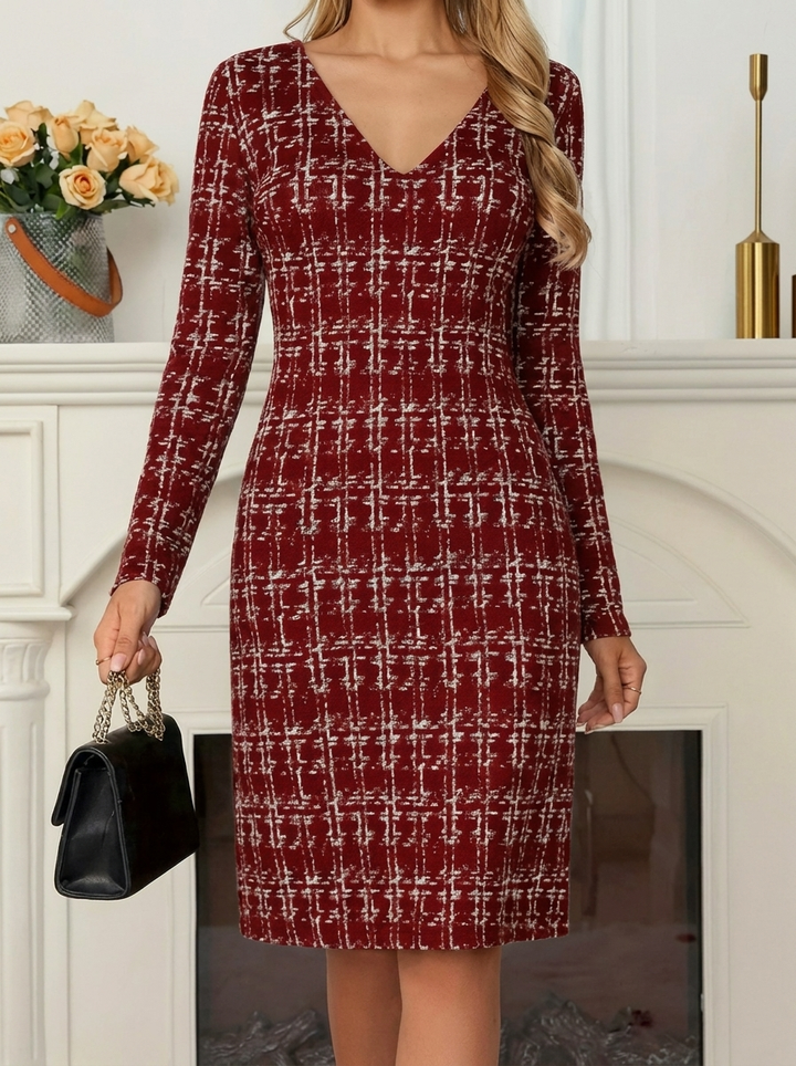 Long-sleeved houndstooth patchwork dress