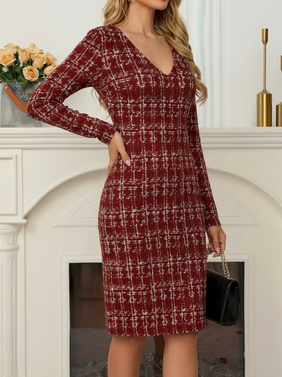 Long-sleeved houndstooth patchwork dress