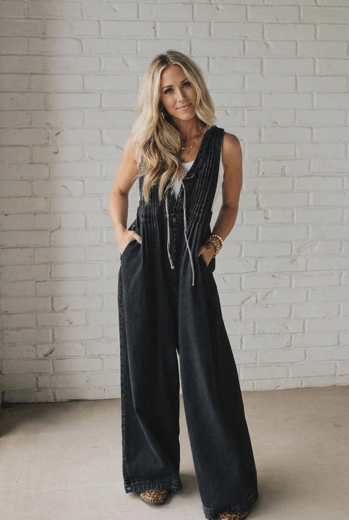 Relaxed-fit, folded denim jumpsuit with drawstring