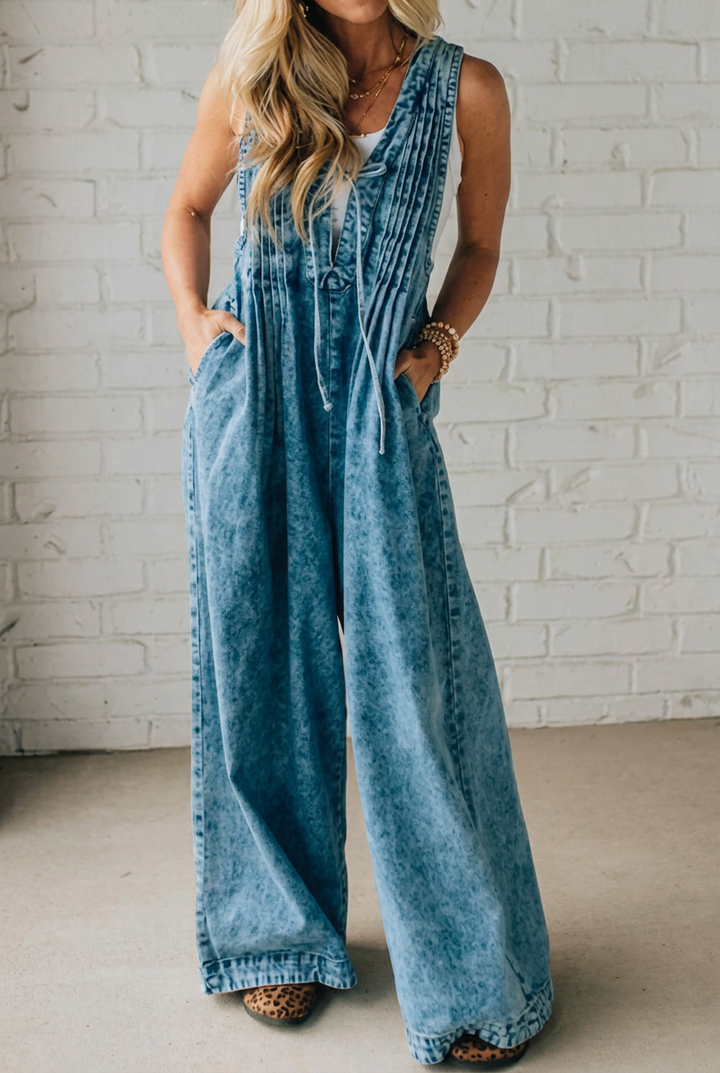 Relaxed-fit, folded denim jumpsuit with drawstring