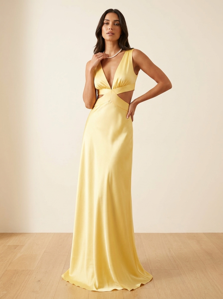 Rosalyn - V-Neck Satin Bow Backless Maxi Dress