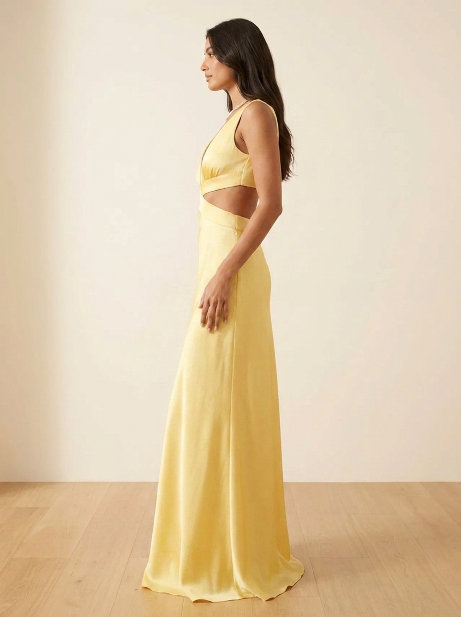 Rosalyn - V-Neck Satin Bow Backless Maxi Dress