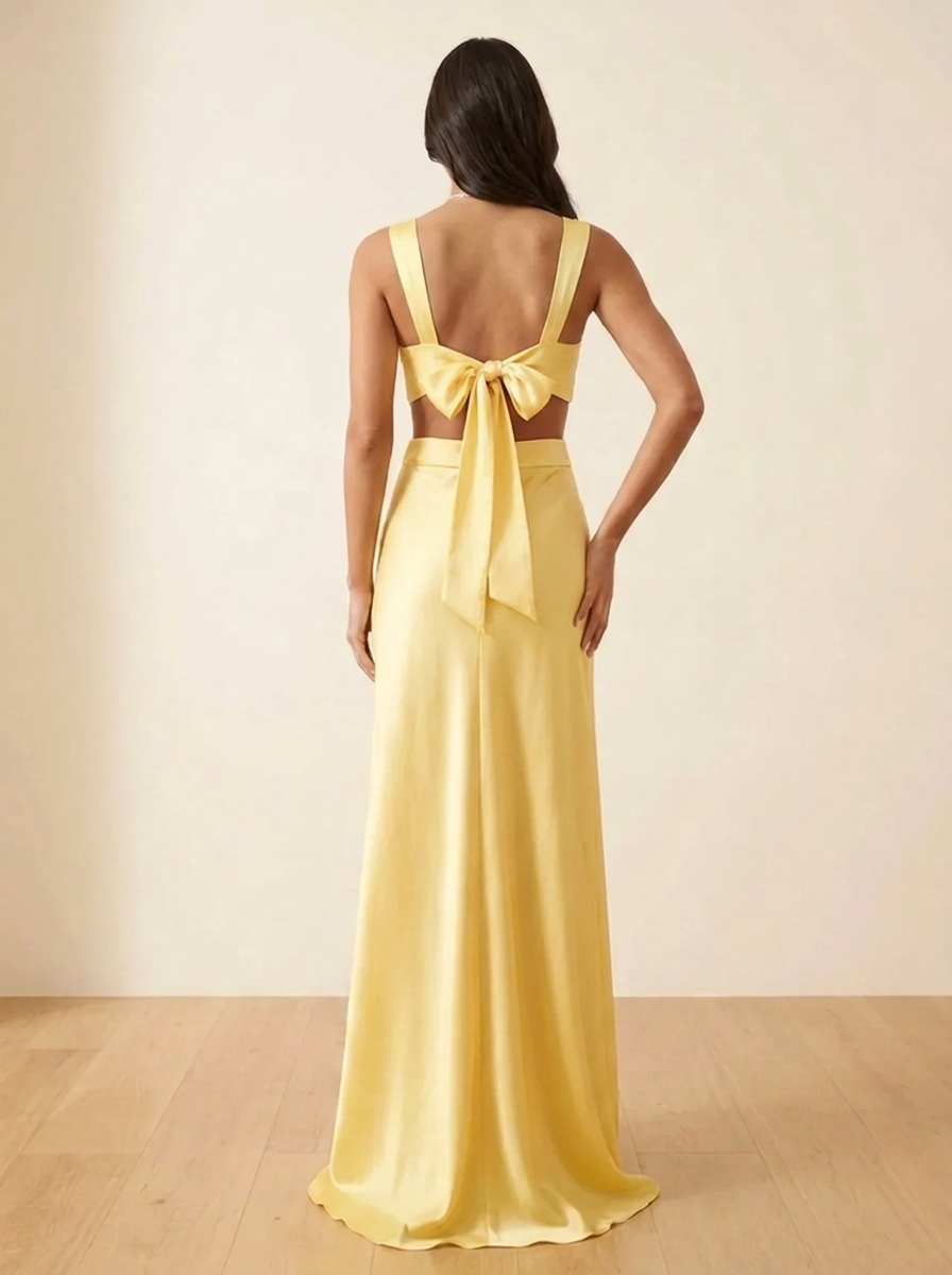 Rosalyn - V-Neck Satin Bow Backless Maxi Dress