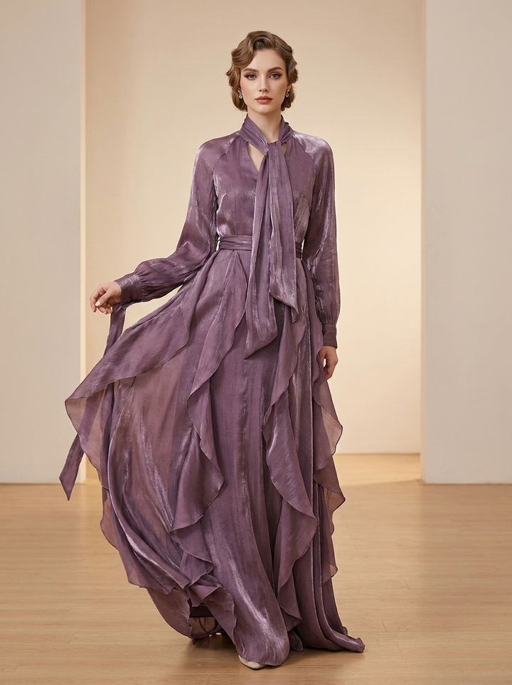 Demetria | Ruffle Detail Tie-Waist Maxi Dress