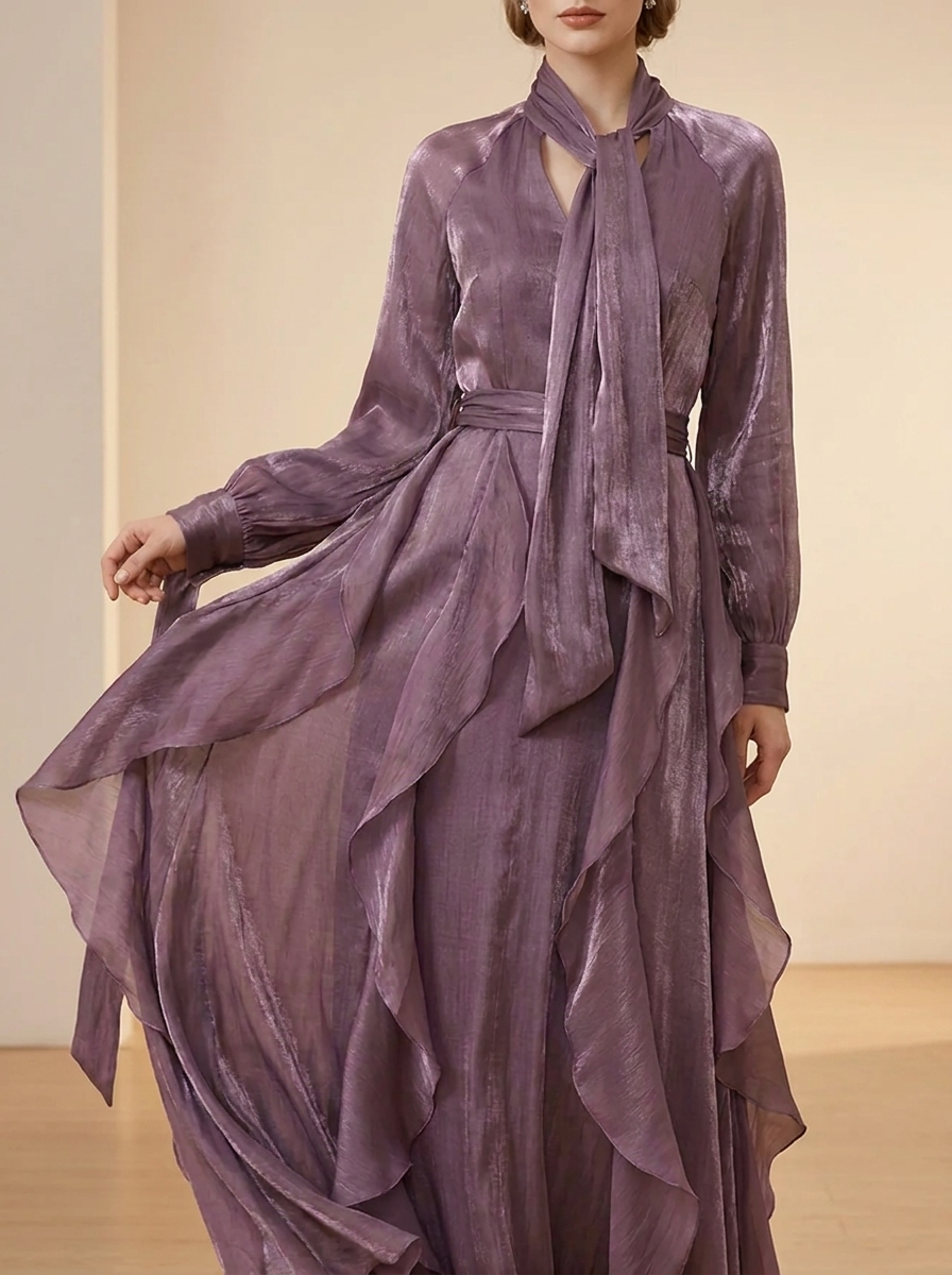 Demetria | Ruffle Detail Tie-Waist Maxi Dress