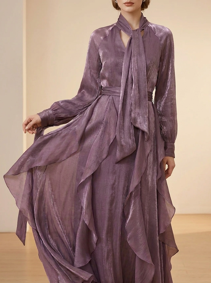 Demetria | Ruffle Detail Tie-Waist Maxi Dress