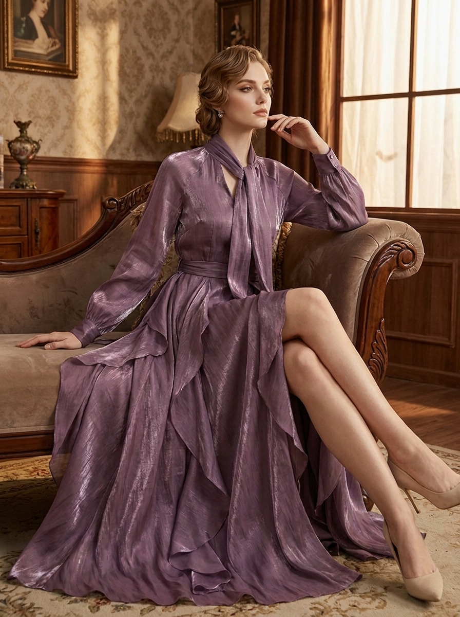 Demetria | Ruffle Detail Tie-Waist Maxi Dress
