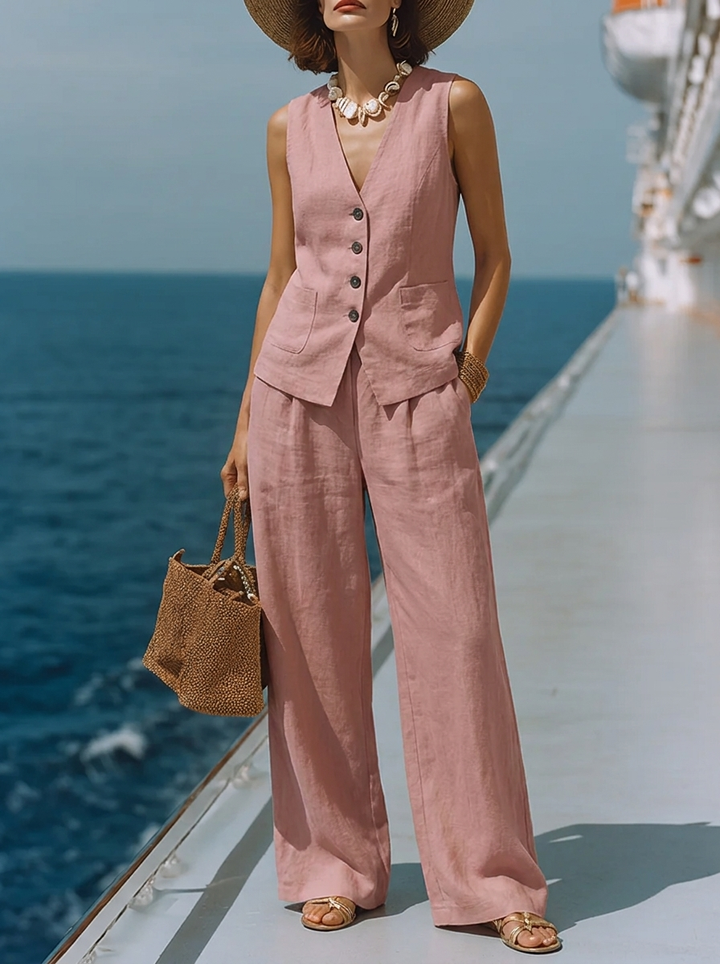 Timeless White Cotton-Linen Top with Square Neckline and Matching Capri Pants Set