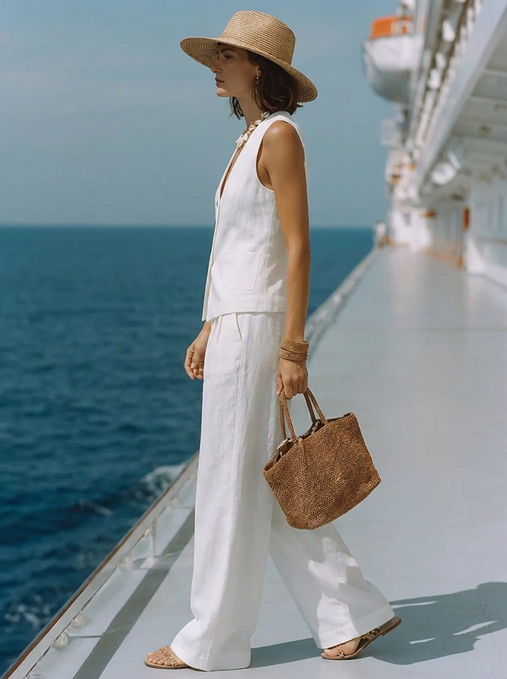Timeless White Cotton-Linen Top with Square Neckline and Matching Capri Pants Set