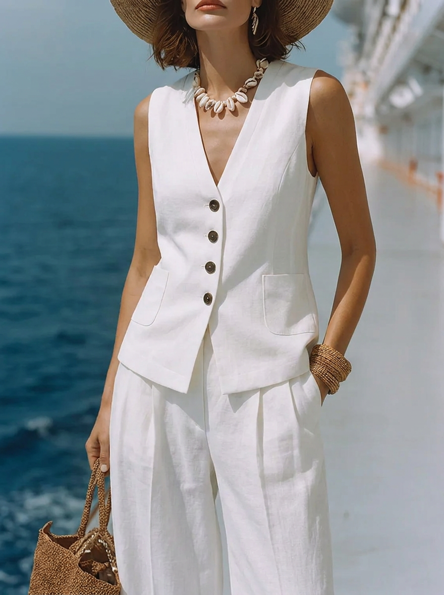 Timeless White Cotton-Linen Top with Square Neckline and Matching Capri Pants Set