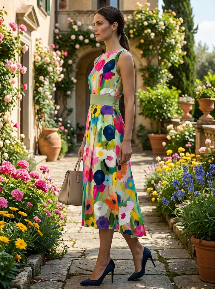 Carmina | Sleeveless Midi Dress with Watercolor Floral Design