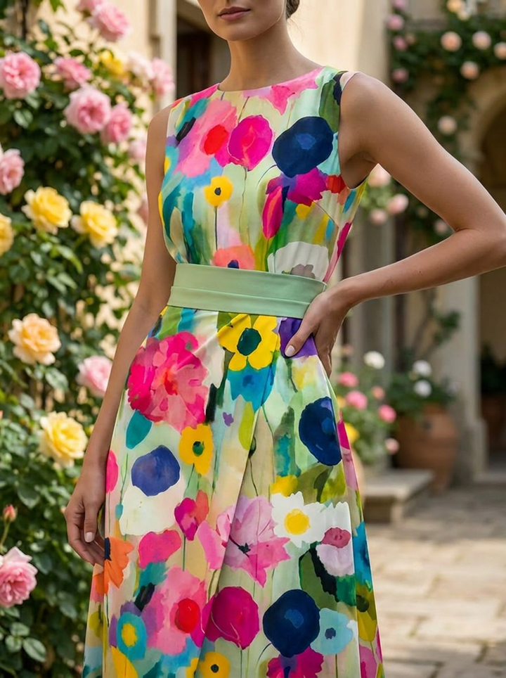 Carmina | Sleeveless Midi Dress with Watercolor Floral Design