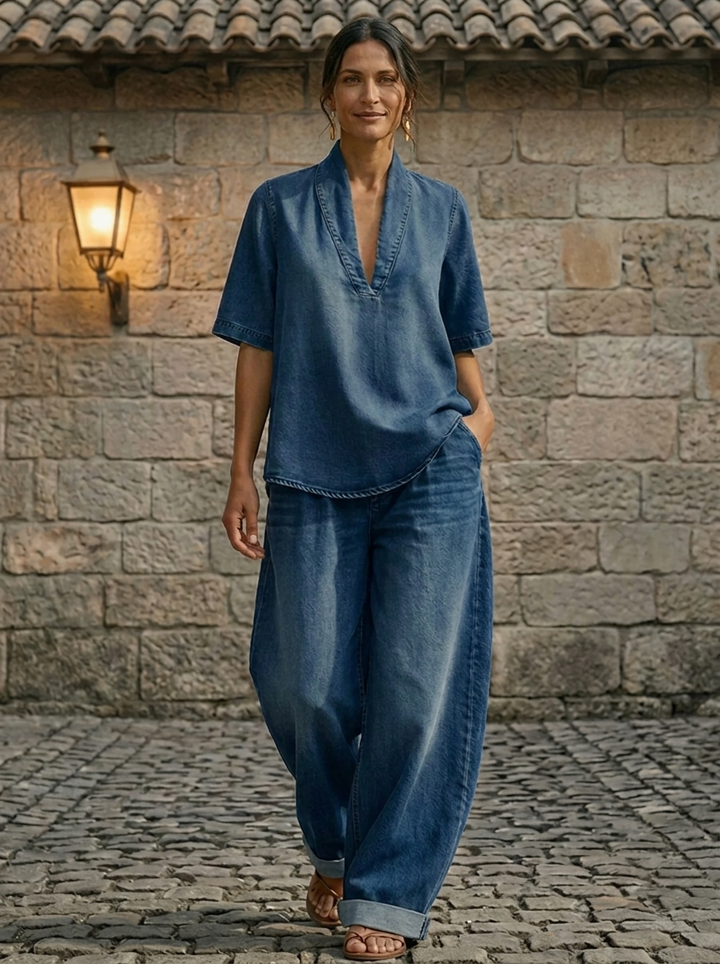 Chic Women's Denim Top and Wide Leg Pants Two Piece Set