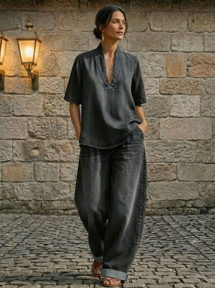 Chic Women's Denim Top and Wide Leg Pants Two Piece Set