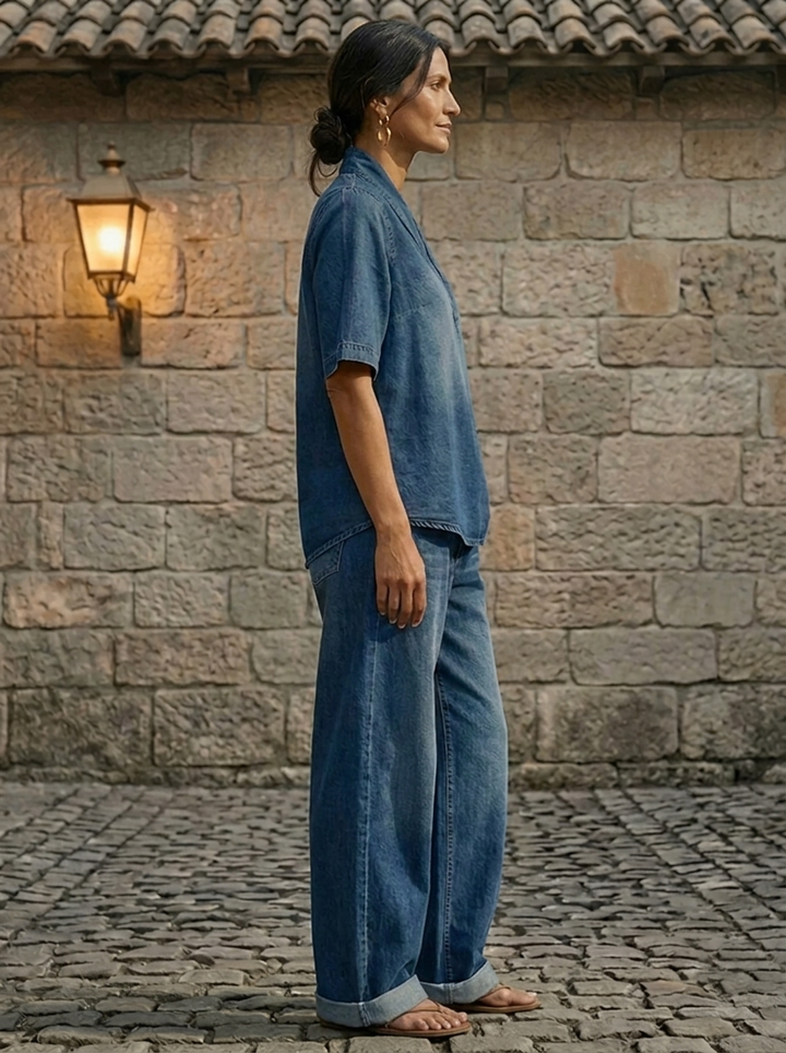 Chic Women's Denim Top and Wide Leg Pants Two Piece Set