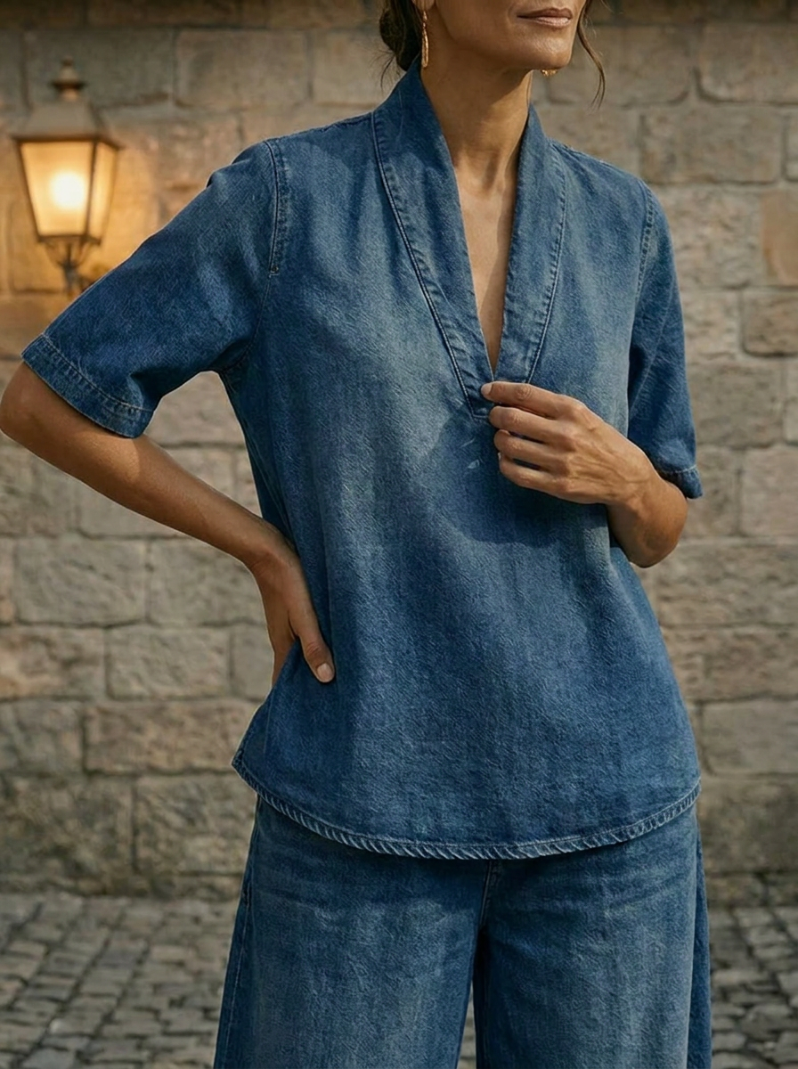 Chic Women's Denim Top and Wide Leg Pants Two Piece Set