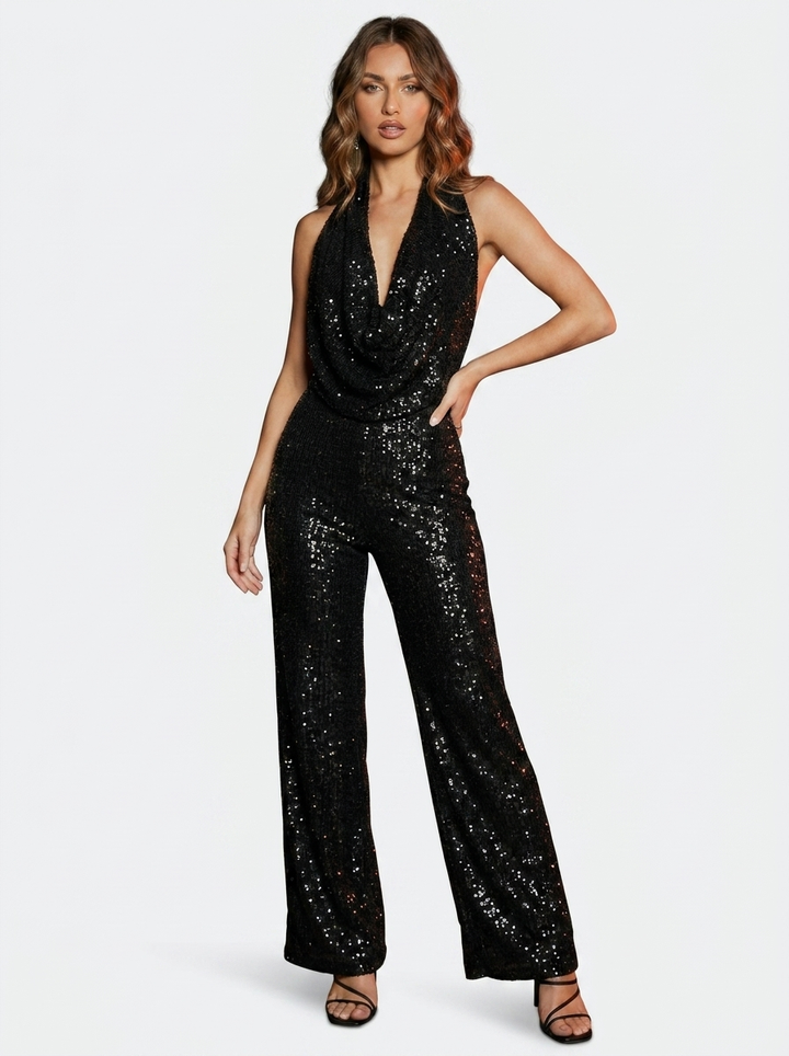 Sequin Solid Jumpsuit with Tie Detail