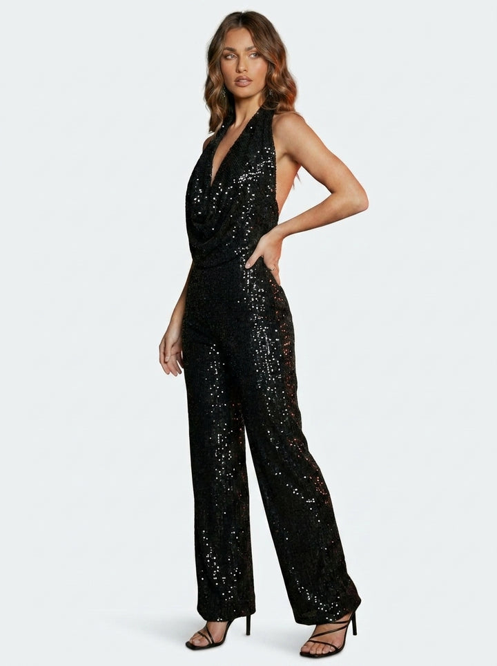 Sequin Solid Jumpsuit with Tie Detail
