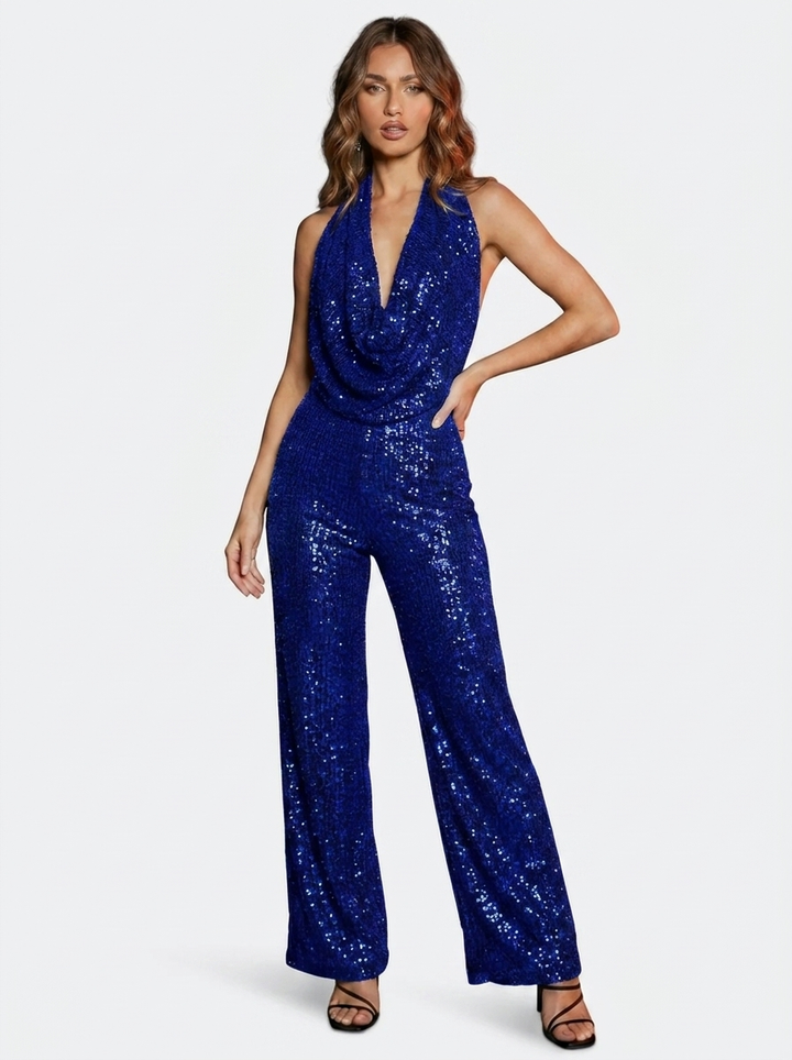 Sequin Solid Jumpsuit with Tie Detail