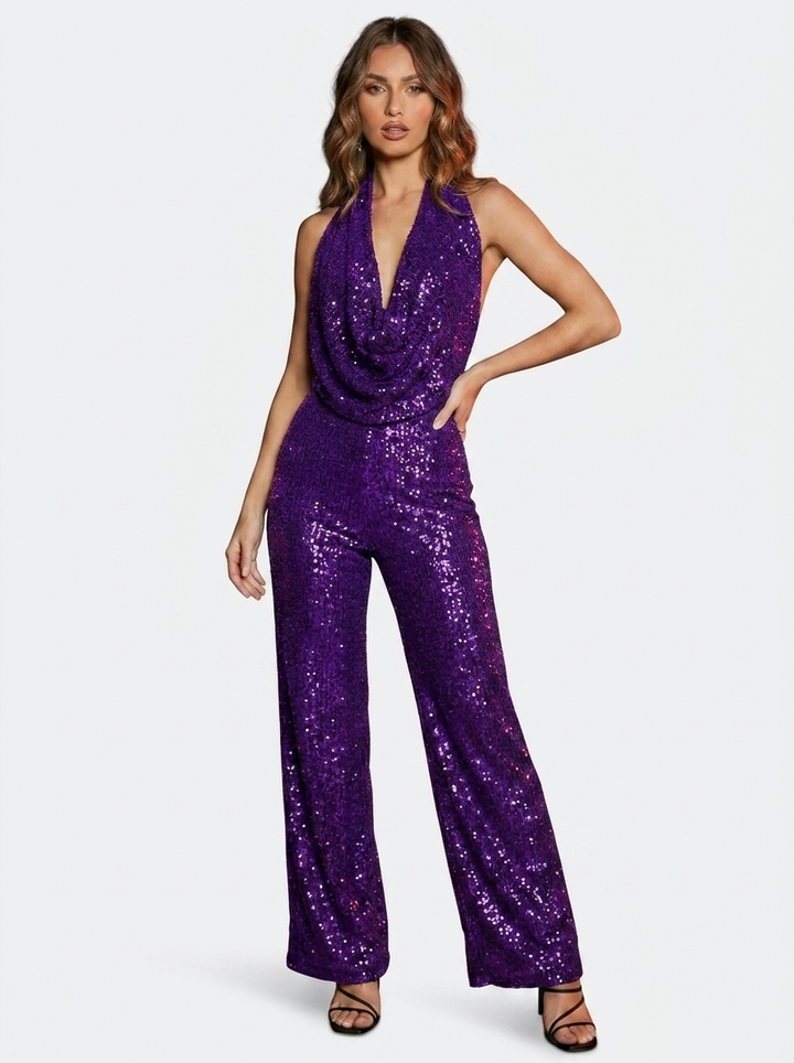 Sequin Solid Jumpsuit with Tie Detail
