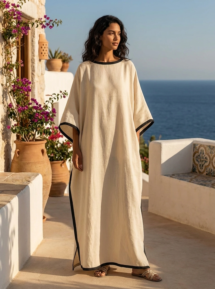 Beige Off-Shoulder Maxi Dress with Loose Fit and Color Block Design