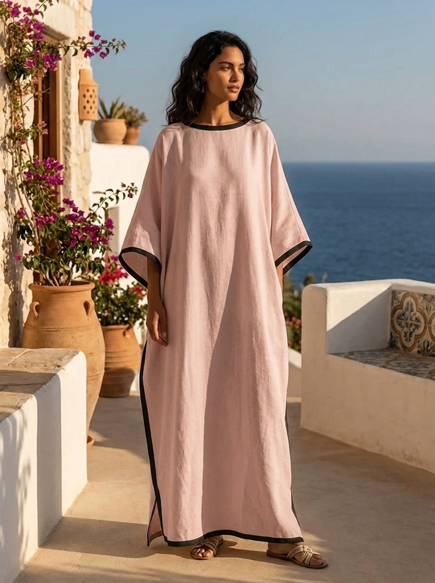 Beige Off-Shoulder Maxi Dress with Loose Fit and Color Block Design